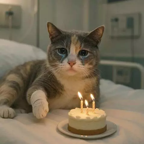 AI Video from prompt: A gray calico cat lies weakly on a hospital bed,