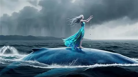 AI Video from prompt: Water goddess is riding a big whale.