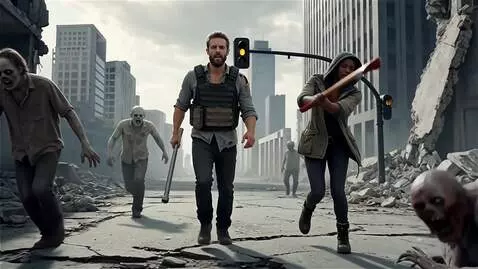 AI Video from prompt: Man and woman survivors fight zombies in a posta