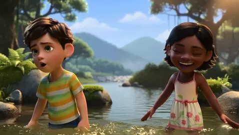 AI Video from prompt: Buat 3d karton bergaya Pixar anak anak sedang be