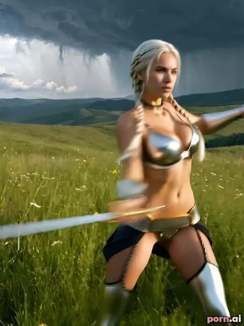 AI Video from prompt: Женщина демонстрирует технику владения мечами