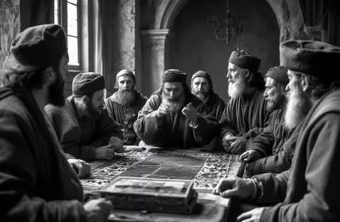 AI Video from prompt: Bunch of men Arguing and one of the slam their h