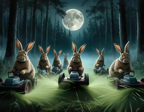 AI Video from prompt: зайцы очень быстро проносятся на газонокосилках 