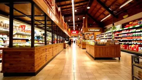 AI Video from prompt: "steadycam shot moving through premium supermark