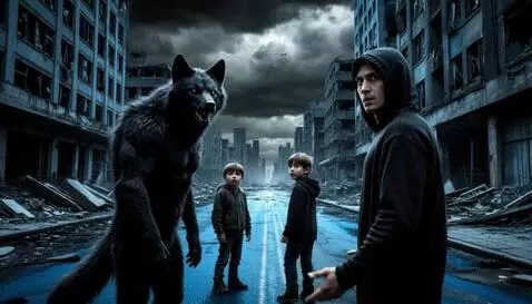 AI Video from prompt: The man and black werewolf talk. Suddenly anybod