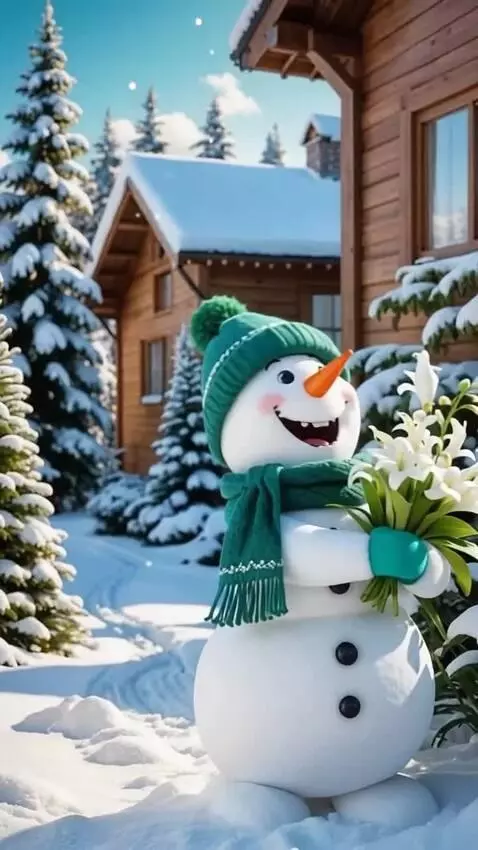 AI Video from prompt: Снеговик смеется и несет цветы