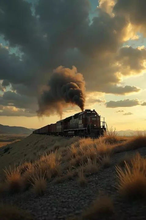 AI Video from prompt: The train rides, the wind dispels smoke from his