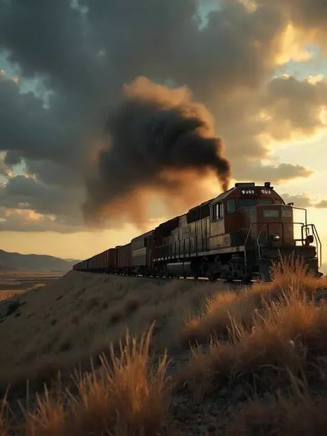 AI Video from prompt: The train moves along, the wind disperses the sm