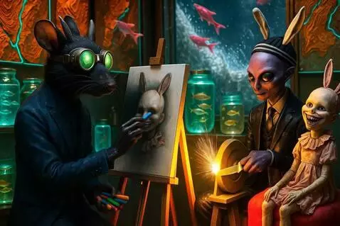 AI Video from prompt: The rat draws on the easel. The alien sharpens h