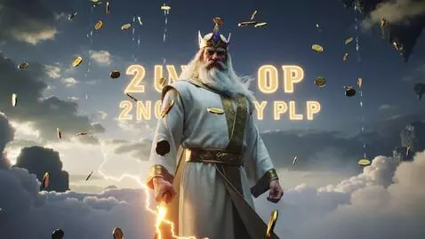 AI Video from prompt: Zeus hovers in the air, gold coins rain down fro