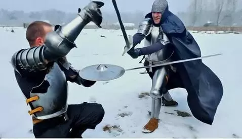 AI Video from prompt: Two men sword fight in the snow. The camera sirk