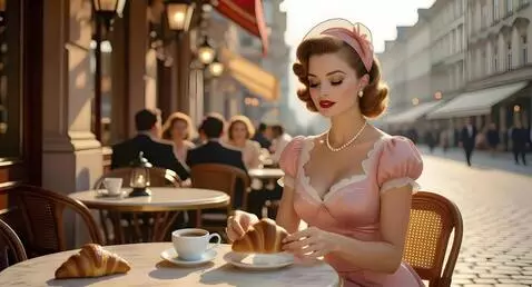 AI Video from prompt: Девушка одной рукой берет круасан с блюдца (блюд