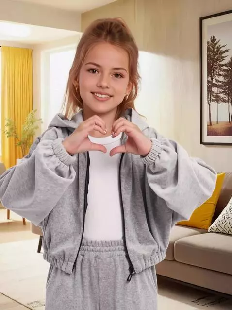 AI Video from prompt: Девушка улыбается и показывает знаком "сердечко"