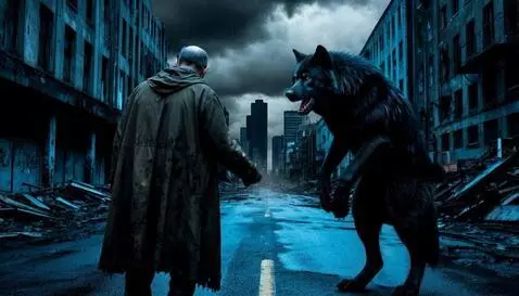 AI Video from prompt: The old man invites growling werewolf to the bui