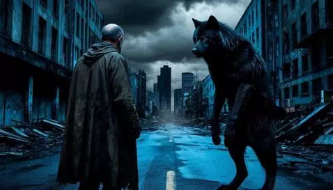 AI Video from prompt: The old man invites black werewolf to the buildi