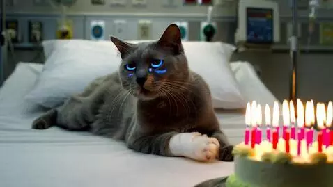AI Video from prompt: A gray calico cat lies weakly on a hospital bed,