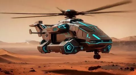 AI Video from prompt: In a futuristic scene, a sleek Cybertruck helico