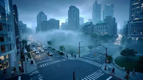 AI Video from prompt: A thick fog rolls in and blankets a lively city 
