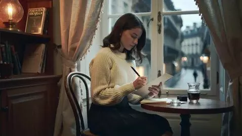 AI Video from prompt: A young woman sits by a window in a cozy Parisia