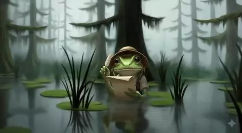 AI Video from prompt: make a video. A sad frog throws a leaf and a pen