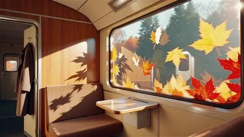 AI Video from prompt: В купе поезда. Поезд едет по осени. За окном лет