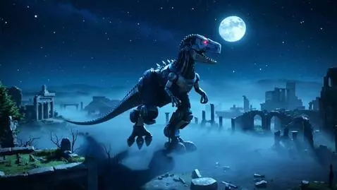 AI Video from prompt: A huge dinosaur robot wanders through the ruins 