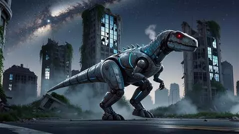 AI Video from prompt: A huge dinosaur robot wanders through the ruins 
