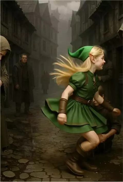 AI Video from prompt: injustice. happy chaild elf and sad humans