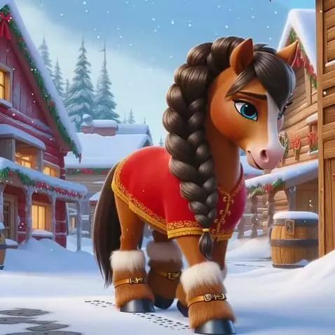 AI Video from prompt: Лошадь идет по улице, кивает головой и улыбается