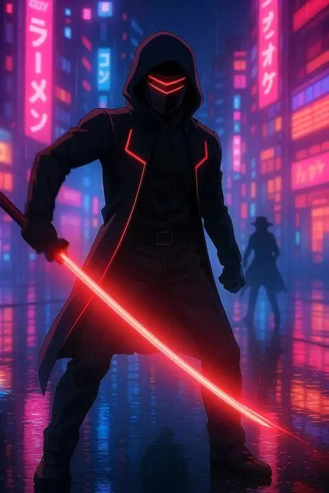 AI Video from prompt: The mysterious figure swings the glowing red swo