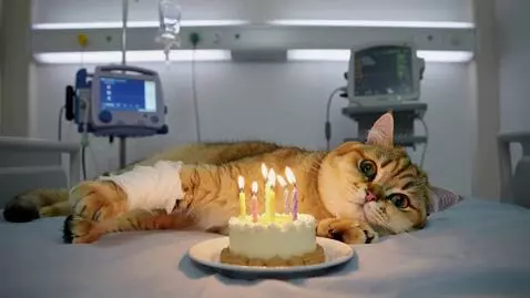AI Video from prompt: A yellow cat lies weakly on a hospital bed, slig