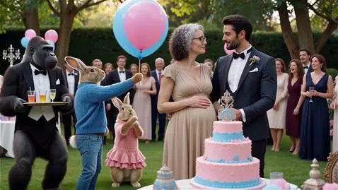 AI Video from prompt: Гендер пати. Красивая женщина с кучерявыми серым