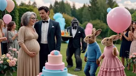 AI Video from prompt: Гендер пати. Красивая женщина с кучерявыми серым