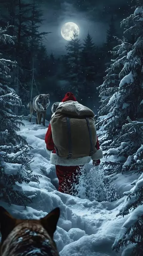 AI Video from prompt: It's night, Santa Claus is walking through the f