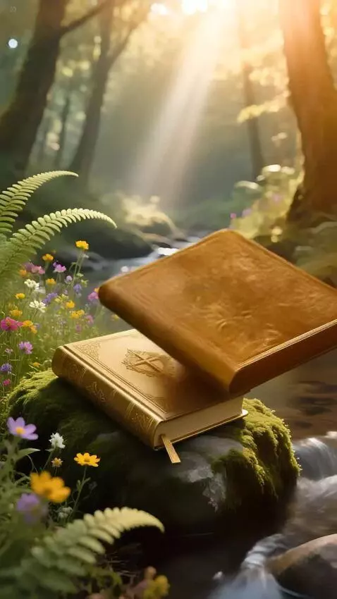 AI Video from prompt: A gold-embossed leather Bible sits closed on a m
