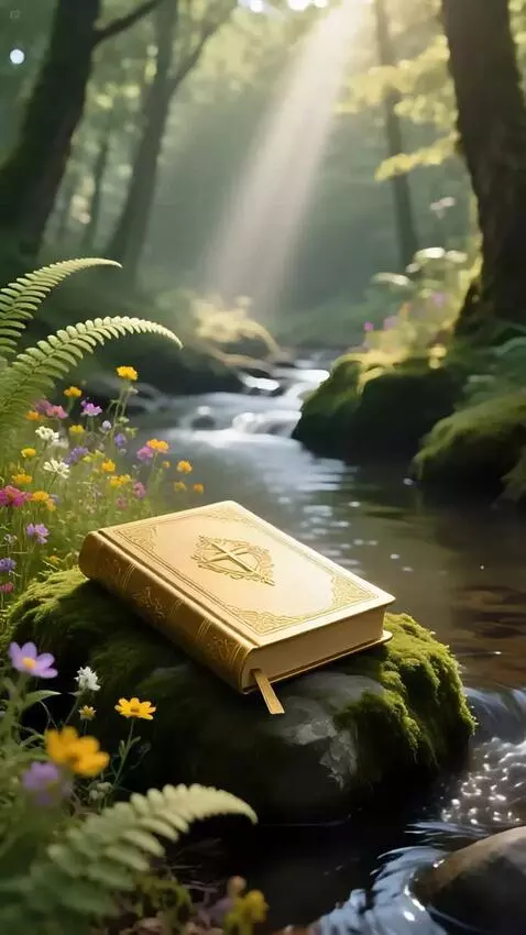 AI Video from prompt: gold-embossed leather Bible sitting closed on mo