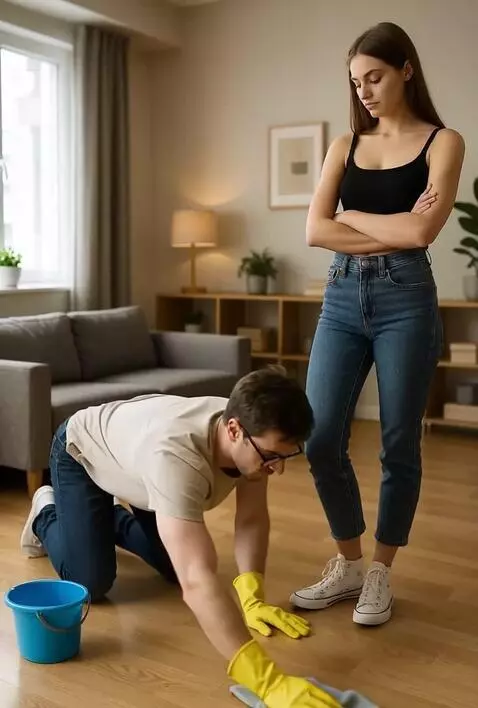 AI Video from prompt: girl watch as guy work with disdain