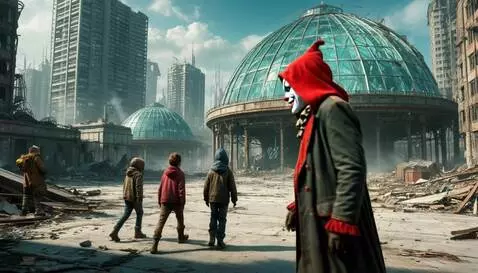 AI Video from prompt: Evil man leads children to the glass building