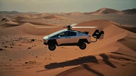 AI Video from prompt: In a futuristic scene, the Tesla Cybertruck, tra