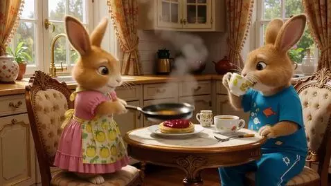 AI Video from prompt: Два милых пушистых зайца на задних лапах на кухн