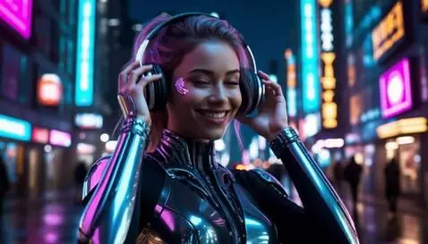 AI Video from prompt: девушка в наушниках слушает музыку и танцует