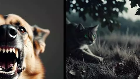 AI Video from prompt: 分割屏幕，一条锐利的黑线将两个场景隔开：左侧是狂吠狗脸的极端特写，高对比度与锐利焦点突出其凶猛表