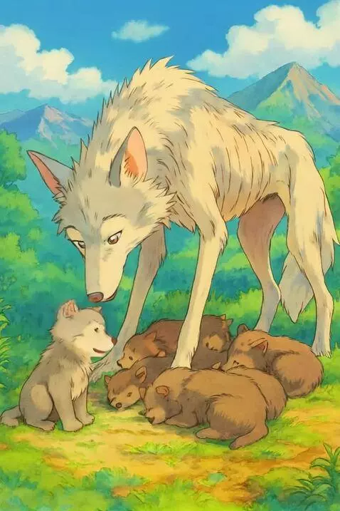 AI Video from prompt: удая, голодная мама-волчица кормит своих шестеры