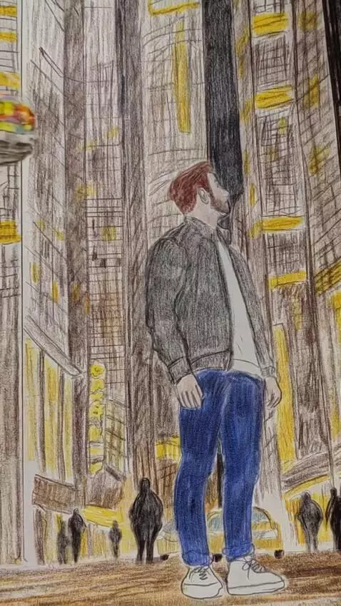 AI Video from prompt: A man stands and looks around, surrounded by a b