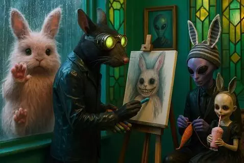 AI Video from prompt: The rat draws on the canvas. The alien knits. Th