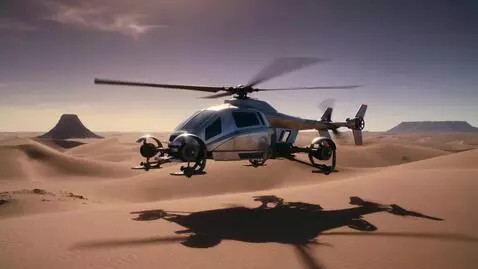 AI Video from prompt: In a futuristic scene, a sleek Cybertruck-helico