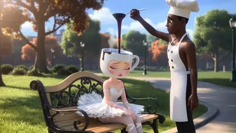 AI Video from prompt: 3D cartoon style, in a sunny park, a cute cappuc