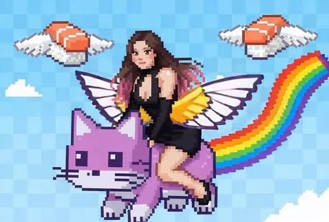 AI Video from prompt: the girl is flying on a nyan-cat