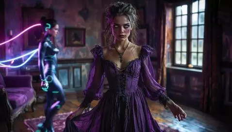 AI Video from prompt: кибер девушка идет и везде горит неон