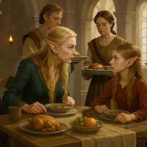 AI Video from prompt: elves are eaitng while humans serve them food